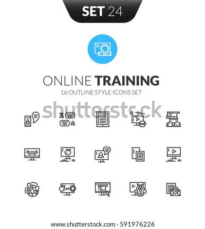 Outline black icons set in thin modern design style, flat line stroke vector symbols - online training collection
