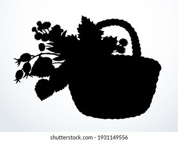 Outline black ink hand drawn antique rough cane twig craft braid picnic cep hip dish bast logo emblem ancient doodle pencil cartoon art engrave style. Closeup still life view white text space backdrop