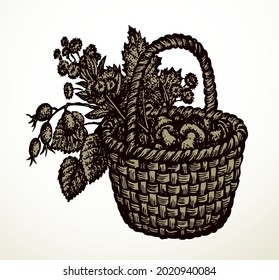 Outline black ink hand drawn antique rough cane twig craft braid picnic cep hip dish bast logo emblem ancient doodle pencil cartoon art engrave style. Closeup still life view white text space backdrop