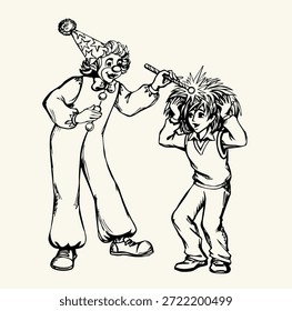 Contorno de tinta preta mão desenhada velho homem humano alegria rosto talento trabalho habilidade trabalho escola conto de fadas conceito retro linha arte doodle estilo artista. Menina assistente desejo haste vara pop estrela prop peruca cap chapéu arco terno humor branco cena texto ícone sinal de espaço