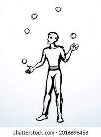 Outline black ink pen drawn adult street human guy cheer joy face catch launch talent motion jester training job concept logo emblem design retro art doodle style. Close up view white scene text space