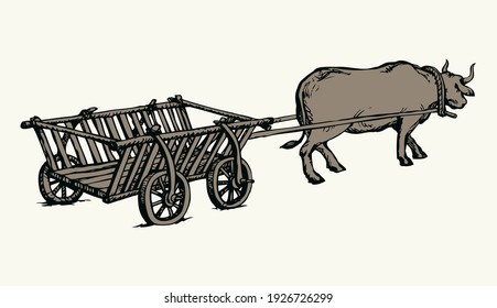 Outline black ink pen hand drawn big rustic cargo road labor worker beast carry plow wood wheel dray ride chariot vehicle. Symbol sign historic antique asia art doodle line style white sky text space