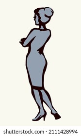 Outline black ink pen hand drawn 1 cute beauty adult job partner logo emblem design modern art doodle cartoon print style. Closeup rear view light white paper young body cloth pencil study text space