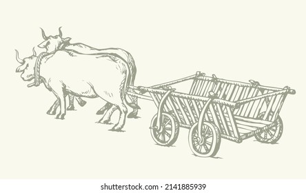 Outline black ink pen hand drawn pair big rustic cargo road labor worker beast carry plow 2 wood wheel dray ride chariot vehicle symbol historic antique Asia art doodle line style white sky text space