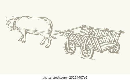 Outline black ink pen hand drawn pair big rustic cargo road labor worker beast carry plow 2 wood wheel dray ride chariot vehicle symbol historic antique asia art doodle line style white sky text space