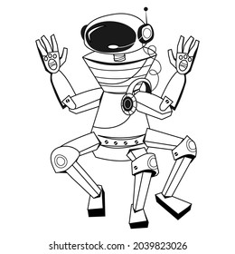Outline black line shape of cute  robot cartoon character for children color book, vector  illustration isolated on white background.  Black  contour  of friendly  robot for kids coloring. 