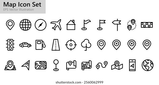 Outline black map icons set.