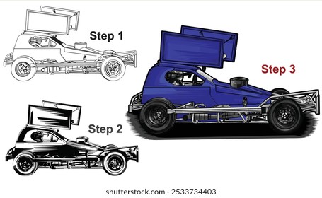 Outline black and painted racing car. Isolated in black background, for t-shirt design, print. and for business purposes.