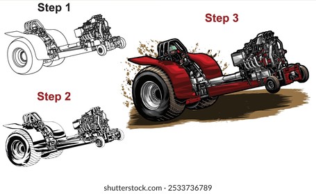 Outline black and painted racing car. Isolated in black background, for t-shirt design, print and for business purposes.
