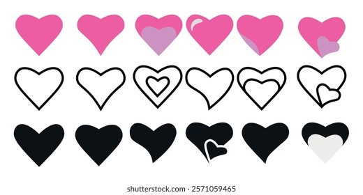 Outline black pink color hearts set, Valentine day heart set, love signs Illustration Vector Design