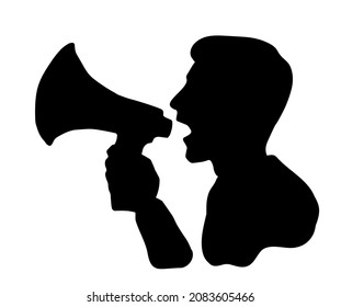 Outline black power fun work sale ad news hailer blower tool idea logo notify old retro doodle sketch art style. Funny office job human male guy leader boss worker hold yell proclaim white text space