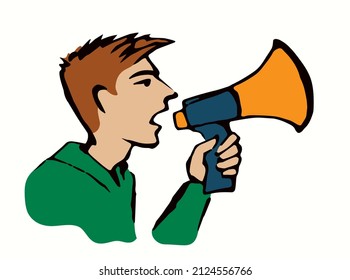 Outline black power fun work sale ad news hailer blower tool idea logo notify old retro doodle sketch art style. Funny office job human male guy leader boss worker hold yell proclaim white text space