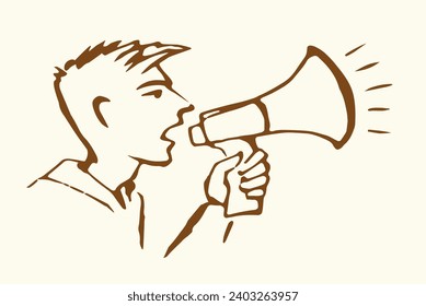Umriss Black Power Spaß Arbeit Verkauf und News Hailer Blower Tool Idee Logo notieren alte Retro doodle Sketch Art Stil. Funny Office Job männlicher Mann Chef Chef Arbeiter halten schreien weißen Text Raum verkünden