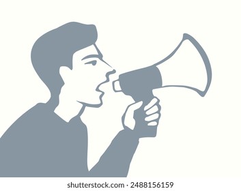 Contorno negro poder divertido trabajo venta y noticias hailer soplador idea logo notificar viejo retro doodle boceto estilo de arte. Divertido trabajo de oficina hombre humano hombre líder jefe trabajador gritar proclamar espacio de texto blanco