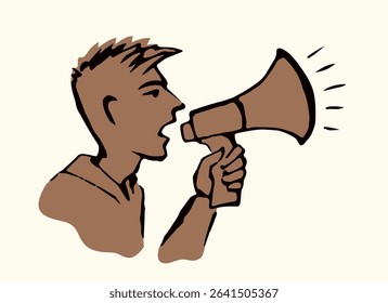 Outline black power fun work sale ad news hailer blower tool idea logo notify old retro doodle sketch art style. Funny office job human male guy leader boss worker hold yell proclaim white text space