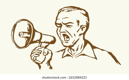 Outline black power fun work sale ad news hailer blower tool idea logo notify old retro doodle sketch art style. Funny office job human male guy leader boss worker hold yell proclaim white text space