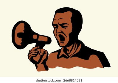 Outline black power fun work sale ad news hailer blower tool idea logo notify old retro doodle sketch art style. Funny office job human male guy leader boss worker hold yell proclaim white text space