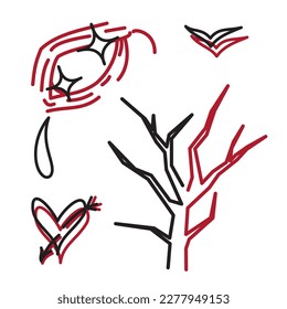 outline black and red tattoo set, illustration tree, arrowed heart, birds, eye with tear, tattoo sketch pack, vector graphic 