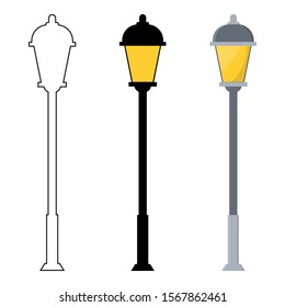 Outline, black silhouette, cartoon streen lights set isolated on white background. Vintage street lights. Elements for landscape construction. Vector illustration for any design.