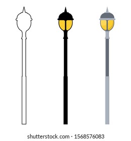 Outline, black silhouette, cartoon streen lights set isolated on white background. Vintage street lights. Elements for landscape construction. Vector illustration for any design.