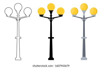 Outline, black silhouette, cartoon streen lights set isolated on white background. Vintage street lights. Elements for landscape construction. Vector illustration for any design.