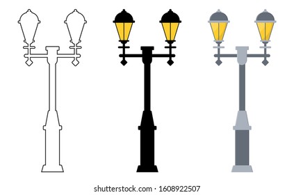 Outline, black silhouette, cartoon streen lights set isolated on white background. Vintage street lights. Elements for landscape construction. Vector illustration for any design.