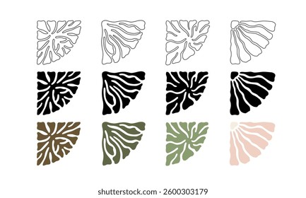 Outline, black silhouette and color botanical corners for frames and borders in in boho, naive, vintage styles. Vector set of decorative abstract elements for books design, print, invitations, menu