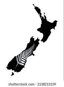 Outline black silhouette map of New Zealand with the national silver fern icon inset over a white background