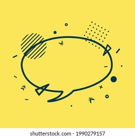 Esbozar burbuja de habla negra en un estilo plano sobre fondo amarillo. Banner de estilo memphis con formas geométricas. Colorida pegatina vectorial con lugar para texto de promoción, etiqueta de precio, anuncio de venta. Tarjeta de arte de línea.