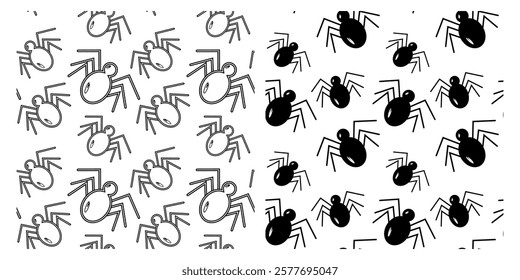 Outline and Black Spiders Seamless Patterns. Thematic cards or Halloween Abstract Backgrounds Set 2
