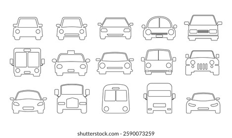 Outline Black Transportation vector Icons set, Cars and Vehicles symbol, Traffic Clip art and illustration design in Minimal Modern style, Bus, Pictogram for Decoration on Banner and Ads (Editable)