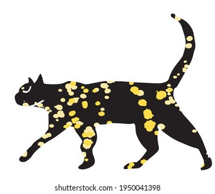 Outline of a black walking cat in gold spots