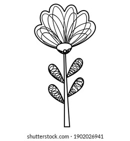 An outline black and white abstract blossoming isolated simple flower with an opening bud. For nursery decor, logo, coloring page, printing on children`s production. Vector.