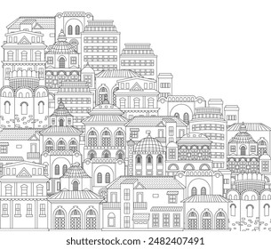 outline black and white beautiful cityscape. anti stress colouring book page for adults and children