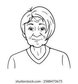 Outline black and white drawing of a modern elderly woman with a fashionable hairstyle. Vector illustration for coloring book, postcard, sticker. Congratulations for grandmother, teacher on March 8