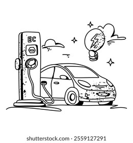 Outline Black White Flat Illustration of an Electric Vehicle Charging Station with Wind Energy, Symbolizing Green Technology, Sustainable Transportation, and Renewable Energy Sources
