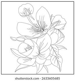 Outline Black and White Handdrawing Illustration Flower and Leaf. Coloring Pages for Kid and Adult
