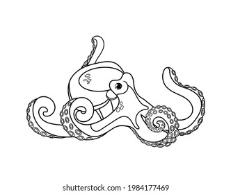 Outline black and white illustration of an octopus. The object is separated from the background. Line illustration for printing on T-shirts, covers, tattoo sketches, and your design.