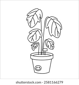 Outline black and white illustration of a potted houseplant