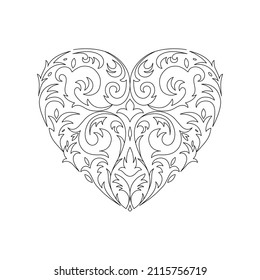 Esbozar ilustración en blanco y negro, corazón romántico con adorno floral. Ideal para decorar telas, textiles, diseño de envoltura de regalo, cualquier material impreso, publicidad u otro diseño.