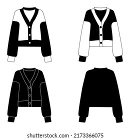 Outline black and white silhouette, fashionable women's jacket, sweater. Isolated vector