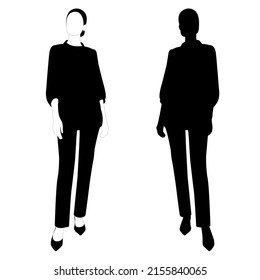 The outline of a black and white silhouette of a slender stylish girl in a fashionable suit standing. Adult model.