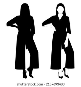 The outline of a black and white silhouette of a slender stylish girl in a fashionable suit standing. Adult model.
