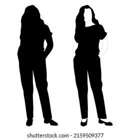 The outline of a black and white silhouette of a slender stylish girl in a fashionable suit standing. Adult model.