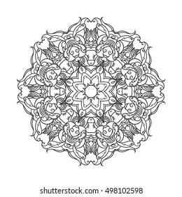 Outline black and white vector mandala or arabesque. Weave round ornament. Decorative design element for wedding invitation, flower boutique identity. Fantasy flower oriental vector.