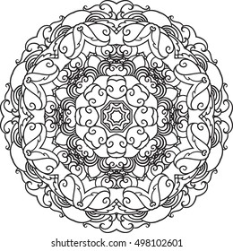 Outline black and white vector mandala or arabesque. Weave round ornament. Decorative design element for wedding invitation, flower boutique identity. Yoga logo, background for meditation poster.
