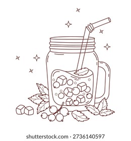 Outline Blackcurrant Drink with Ice Cubes, Berries in clear in mason jar. Seasonal Refreshing Cocktail with straw and Mint. Line drawing, coloring page. Vector Illustration