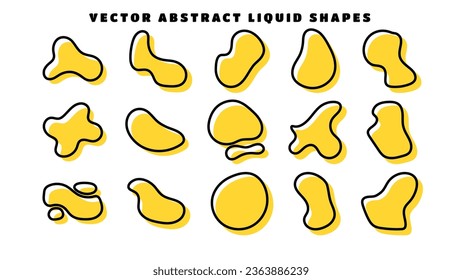 Outline blob shapes, fluid or liquid round abstract elements. Black and yellow simple blotch water forms. Flat vector illustration.