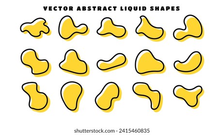 Formas de blobs de contorno, elementos abstractos redondos líquidos o fluidos. Forma de agua negra y amarilla simple. Ilustración vectorial plana.