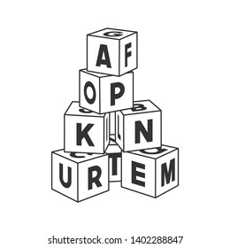 Outline block building tower with letters for coloring book. Alphabet bricks vector illustration on white background.